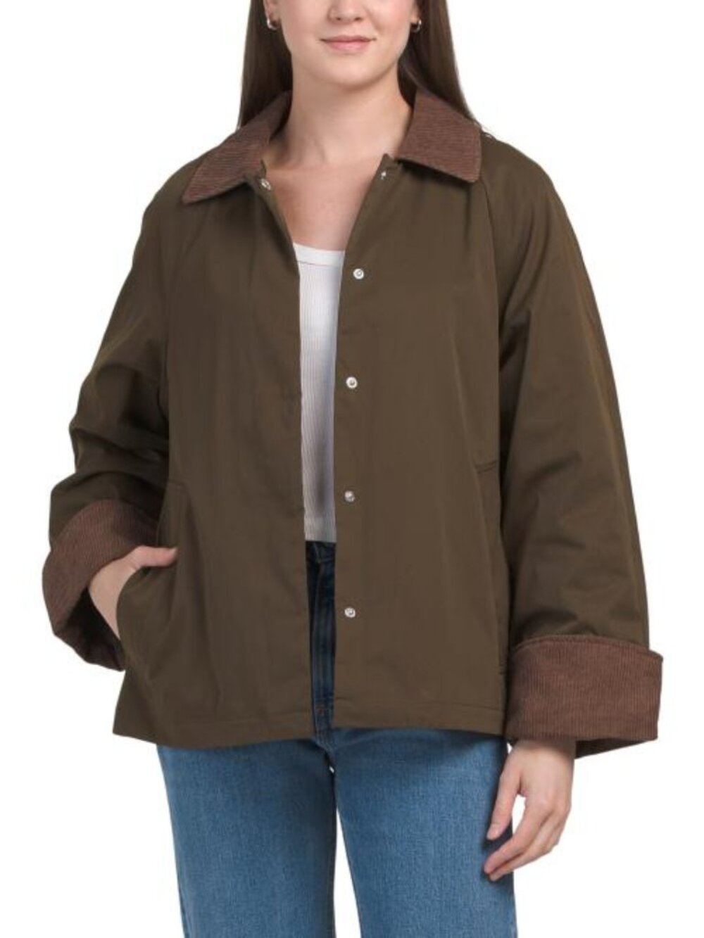 SAM EDELMAN Corduroy Trim Rain Jacket